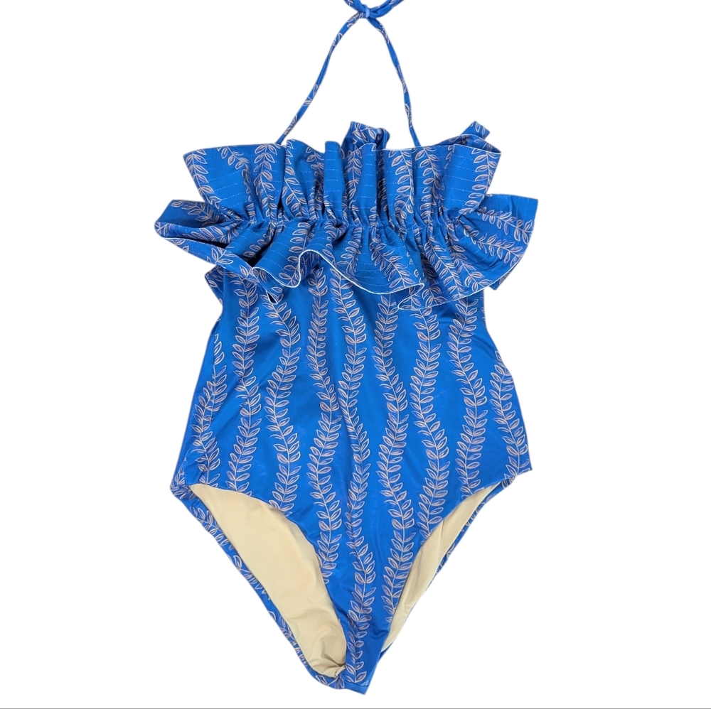 Azulu Ruffle Bust One Piece Swimsuit Halter Strap Tie Back Blue Large L